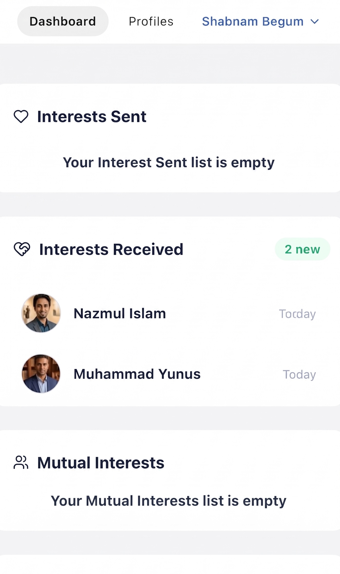 Dashboard showing received interests