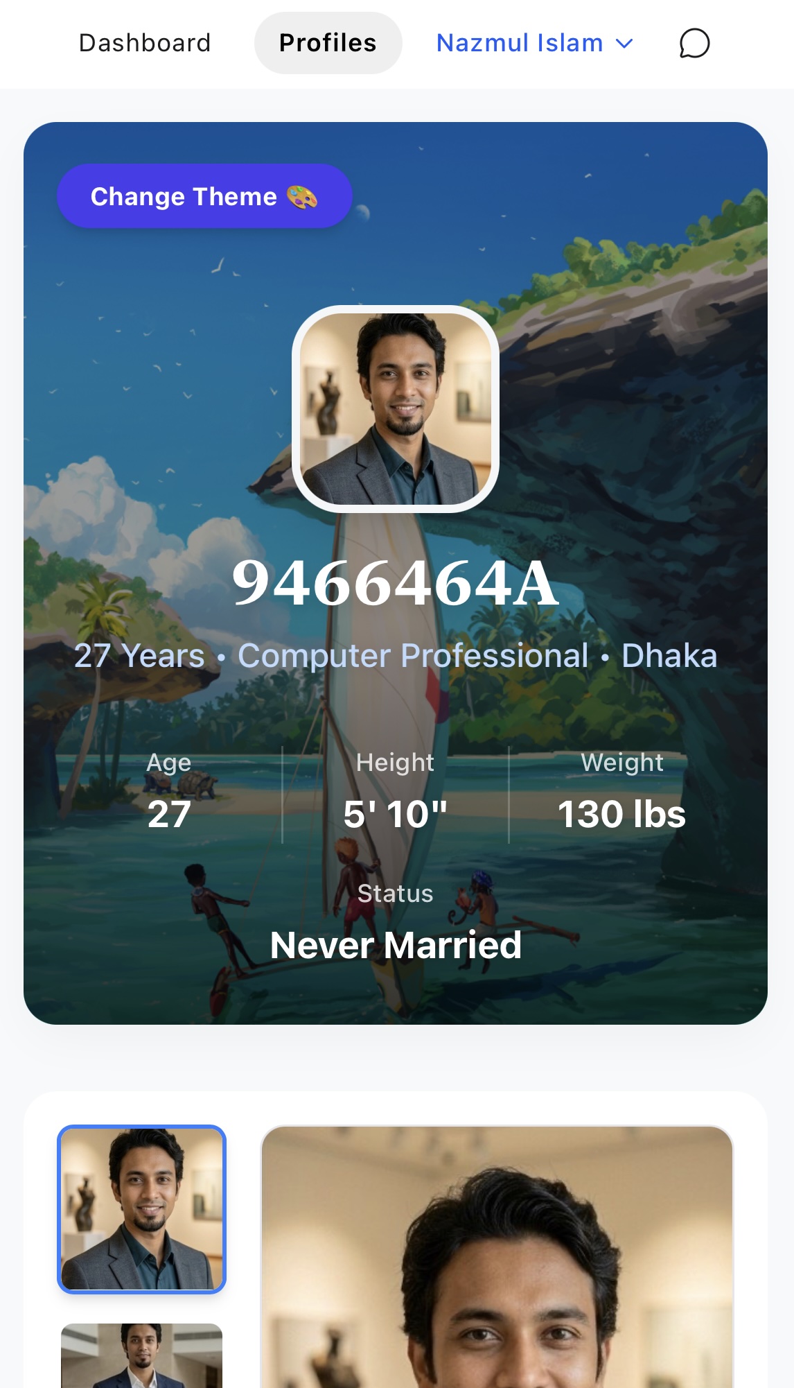 Profile with custom theme selected