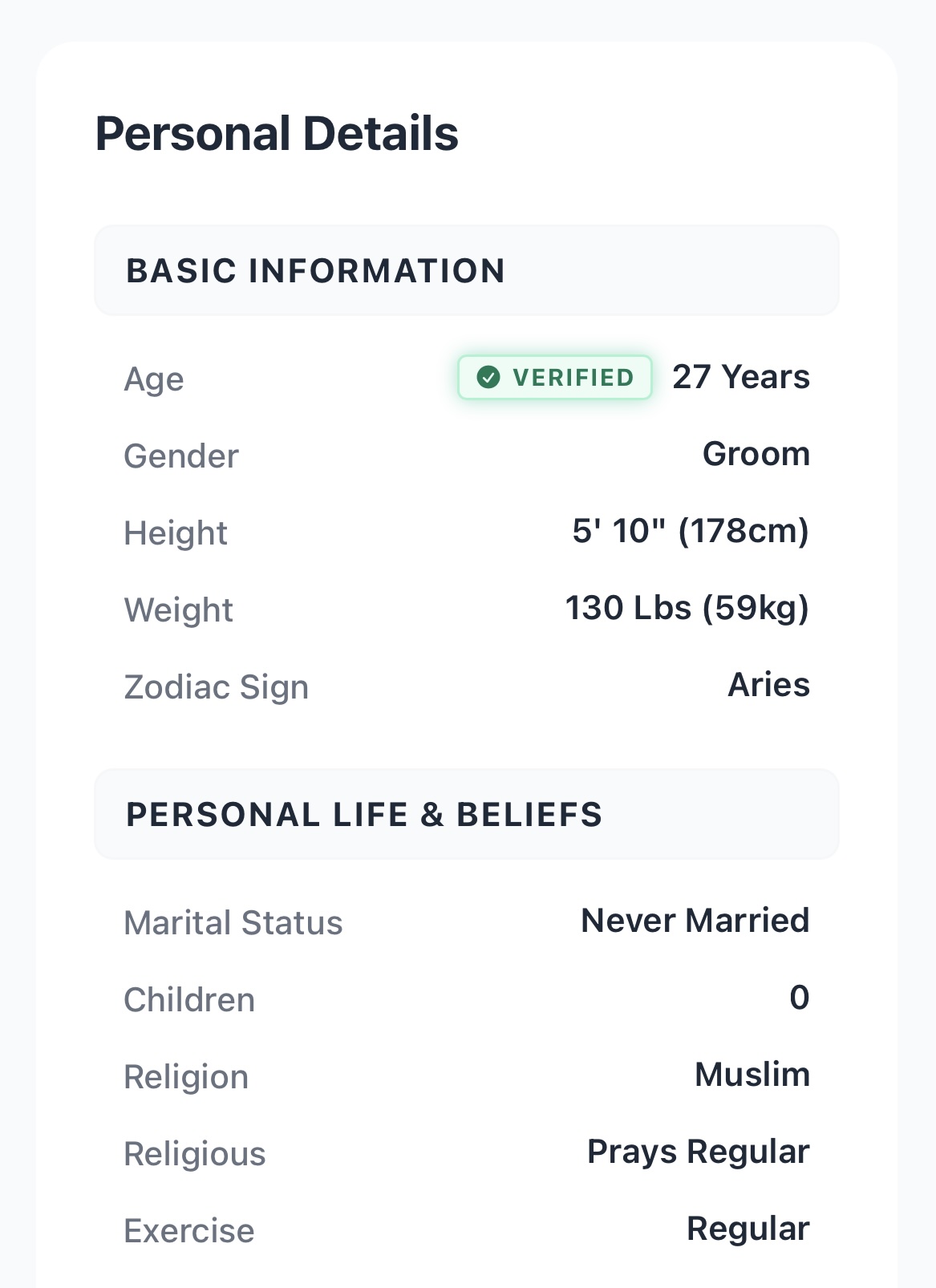 Personal details with Verified Age badge