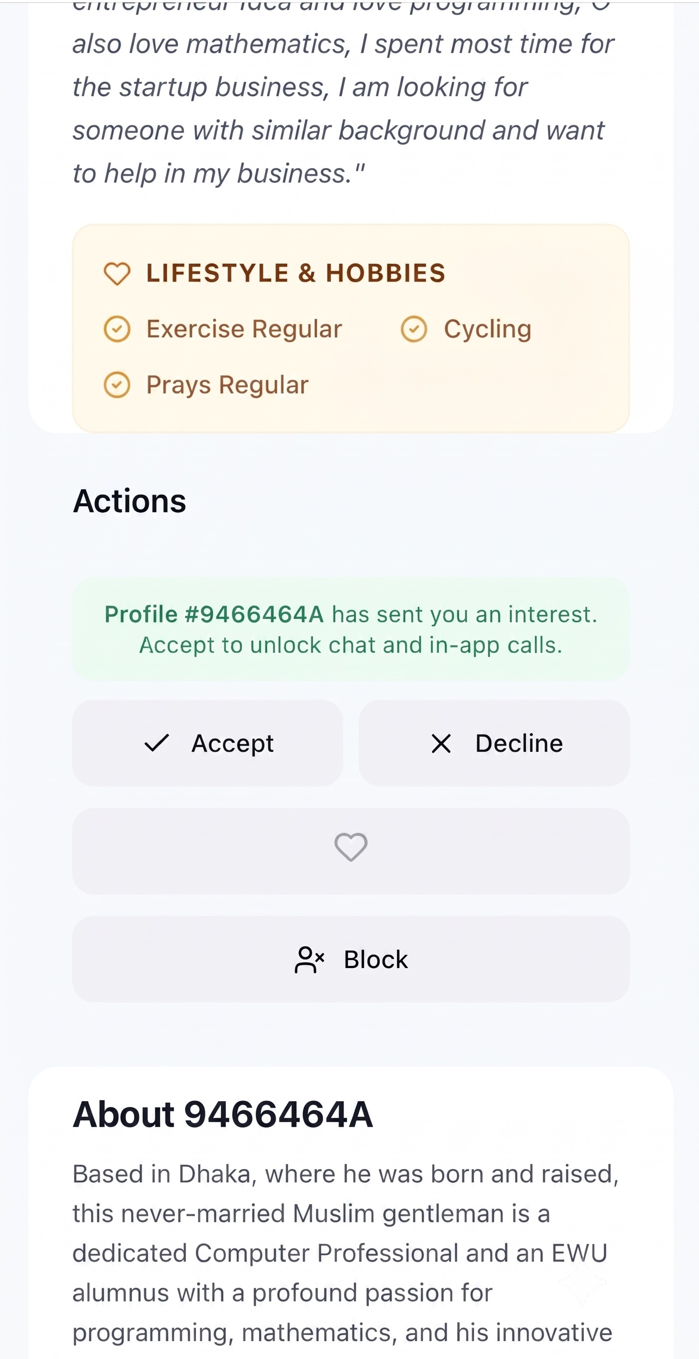 Profile view with Accept or Decline actions
