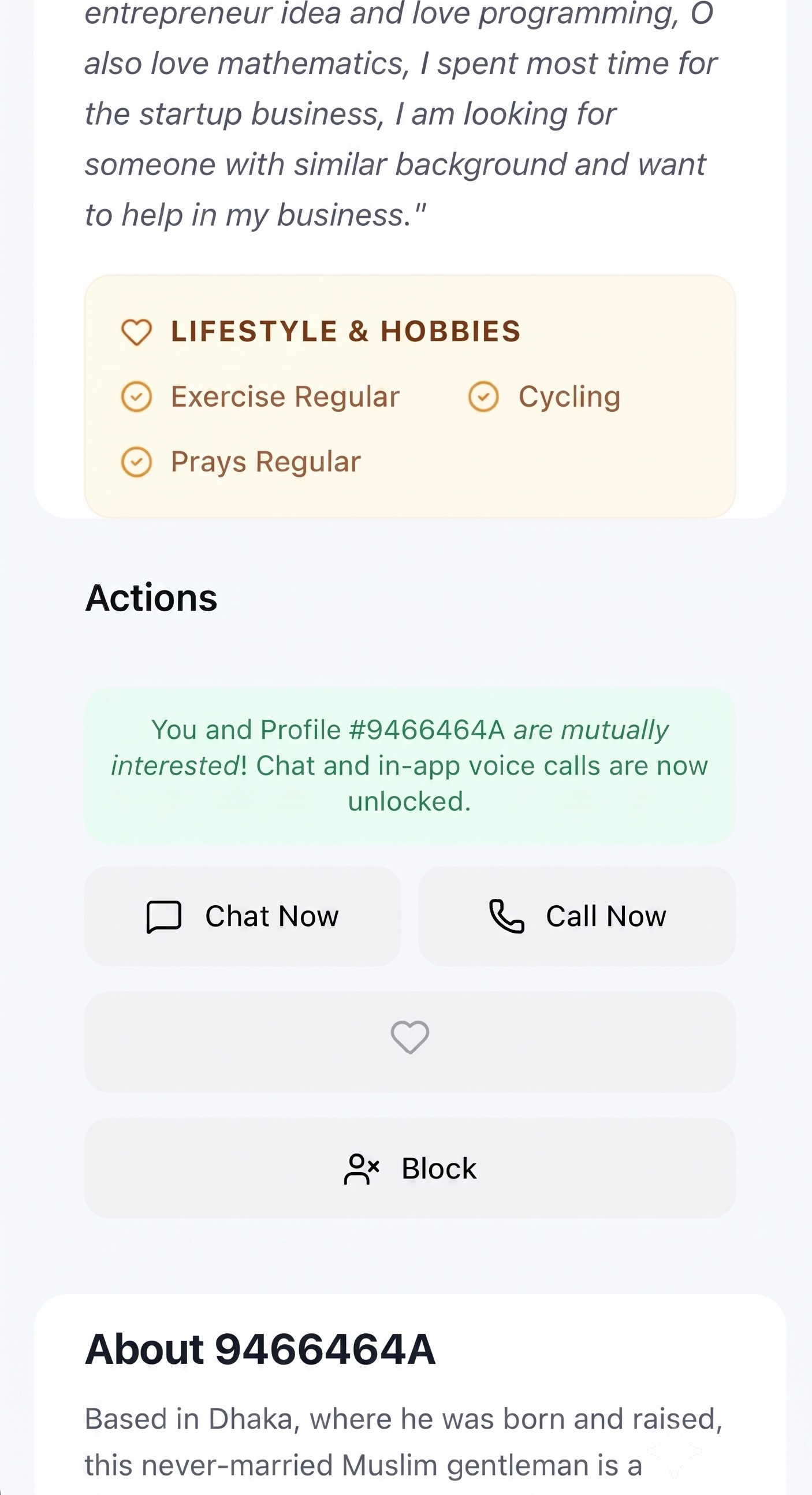 Profile view showing chat and call unlocked