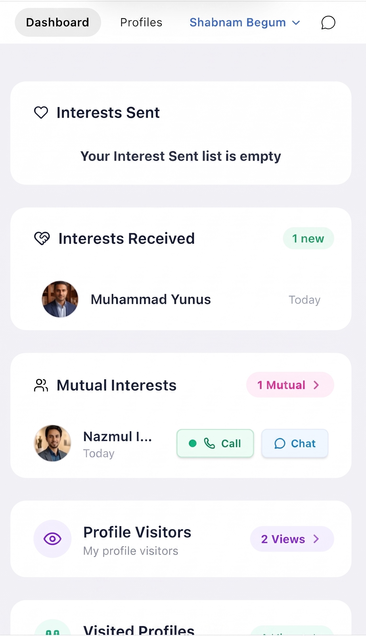 Dashboard showing mutual interests